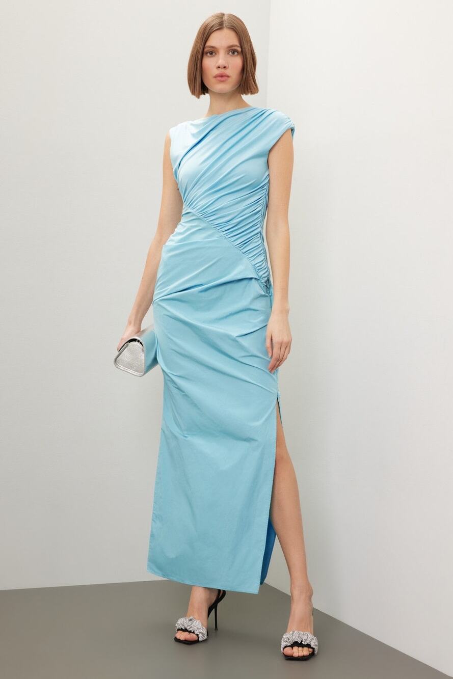 Paris Georgia Kaya Light Blue Ruched Sleeveless Maxi Dress Size S